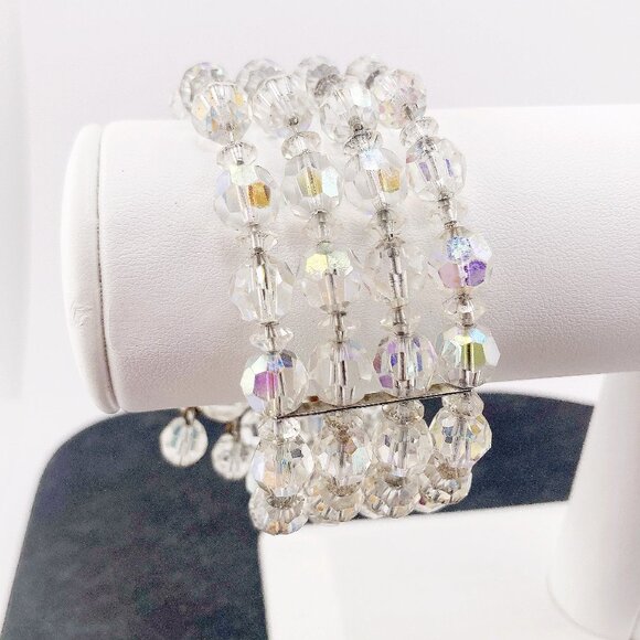 VINTAGE Four-strand clear AB beaded memory wire bracelet ~ 1950s 1960s jewelry - Picture 2 of 6